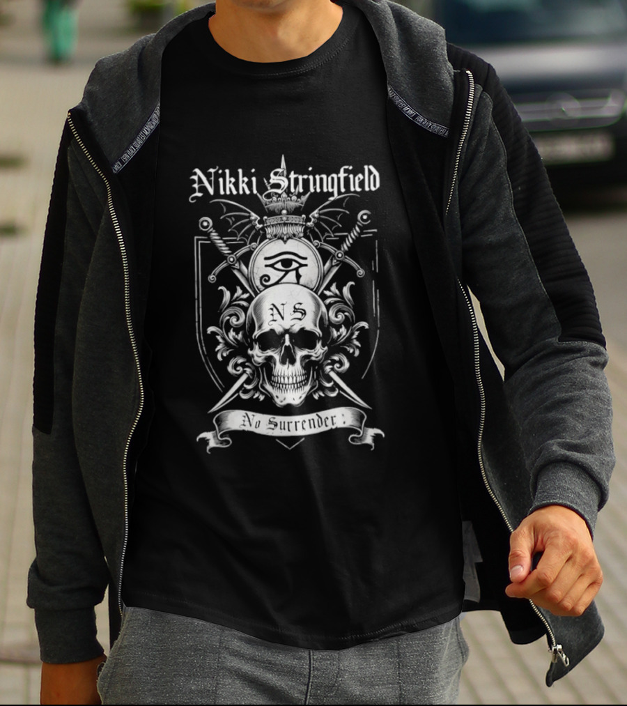 Nikki Stringfield No Surrender Skull Crest Sword Bat Wing Eye Of Providence T-Shirt