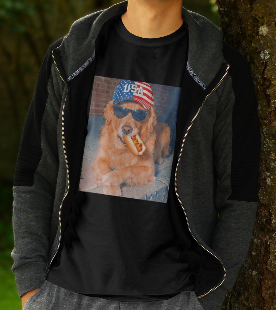 Golden Retriever With USA Hat Eating Hot Dog American Flag 4th Of July T-Shirt