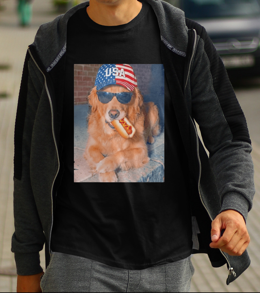 Golden Retriever With USA Hat Eating Hot Dog American Flag 4th Of July T-Shirt