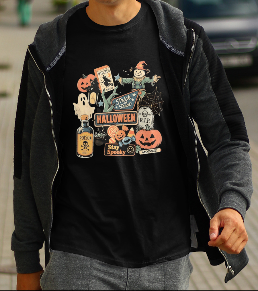 Halloween Trick Or Treat Stay Spooky Witches Brew Poison Nightmare R.I.P Ghost Pumpkins T-Shirt