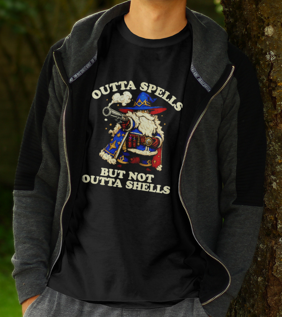 Outta Spells But Not Outta Shells Wizard With Shotgun Retro Magic Humor T-Shirt