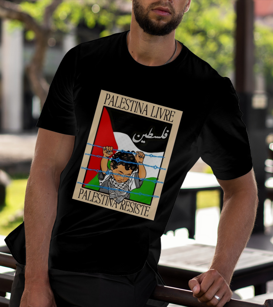 Palestina Livre Resistência Criança Frente Bandeira Arame Farpado T-Shirt