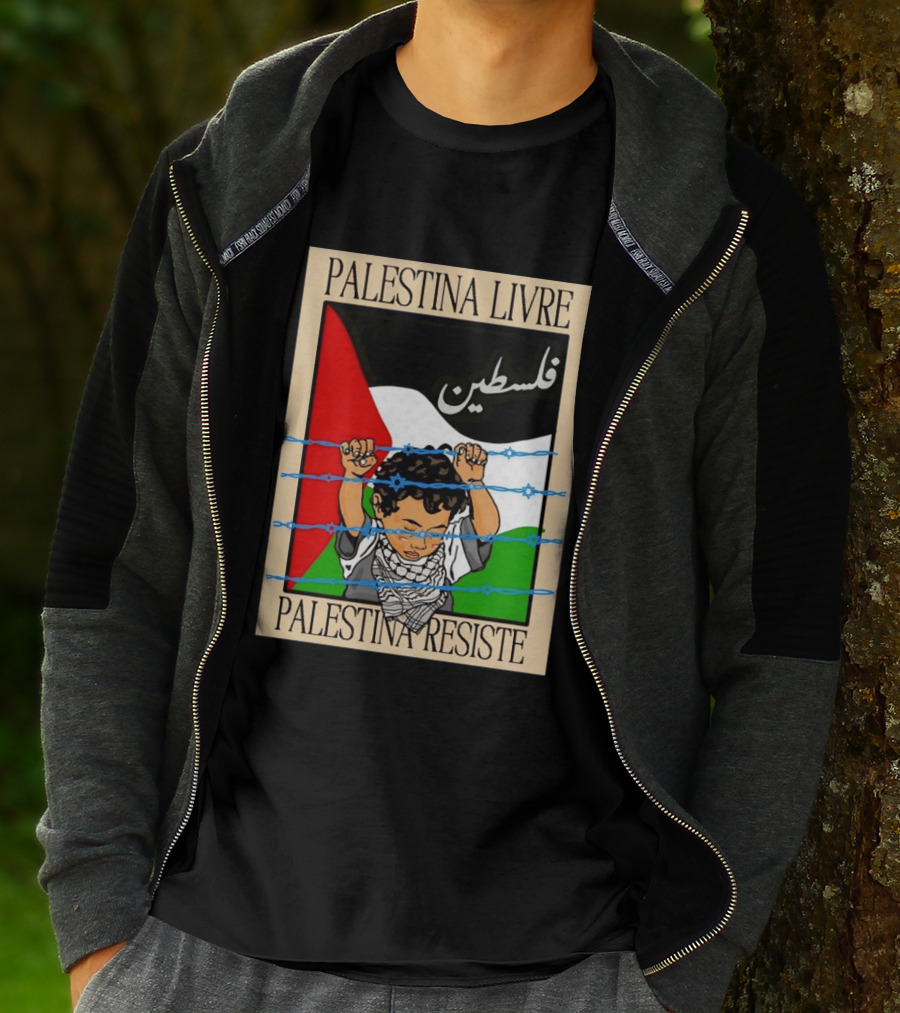 Palestina Livre Resistência Criança Frente Bandeira Arame Farpado T-Shirt