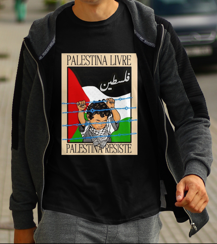 Palestina Livre Resistência Criança Frente Bandeira Arame Farpado T-Shirt
