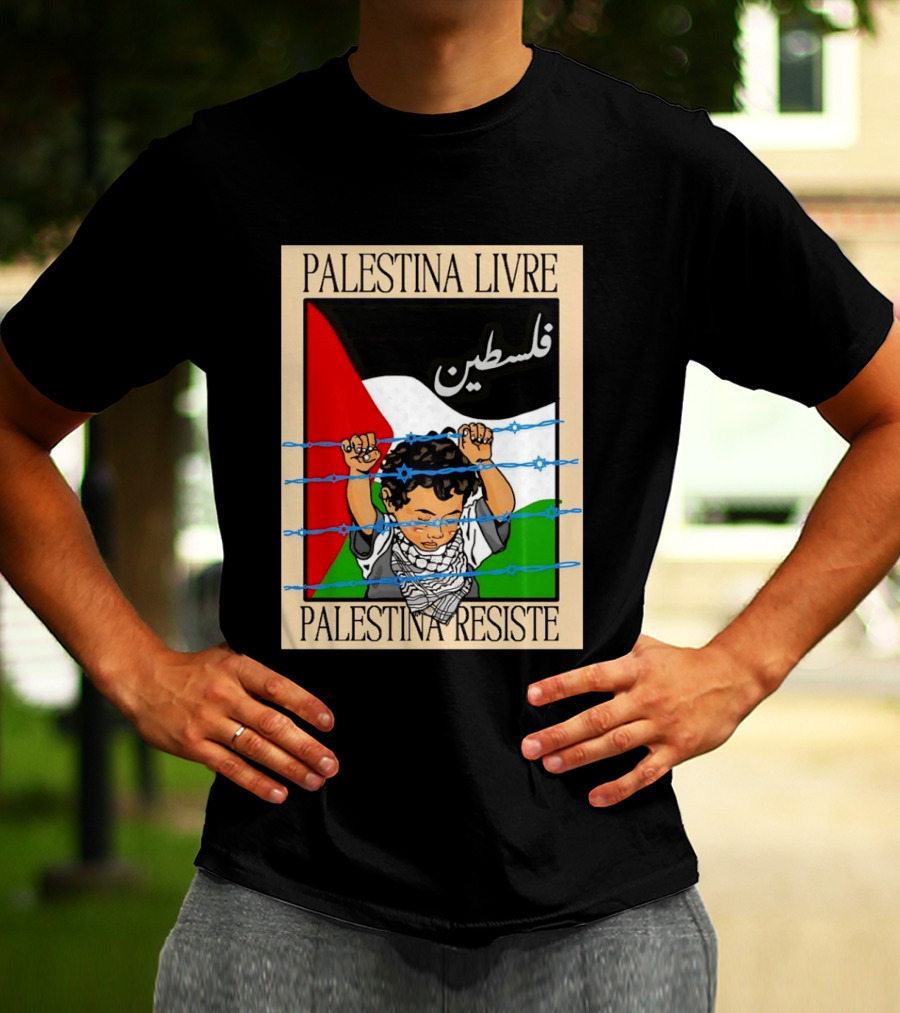 Palestina Livre Resistência Criança Frente Bandeira Arame Farpado T-Shirt