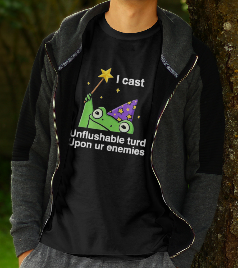 I Cast Unflushable Turd Upon Ur Enemies Frog Wizard Wand Stars Purple Hat T-Shirt