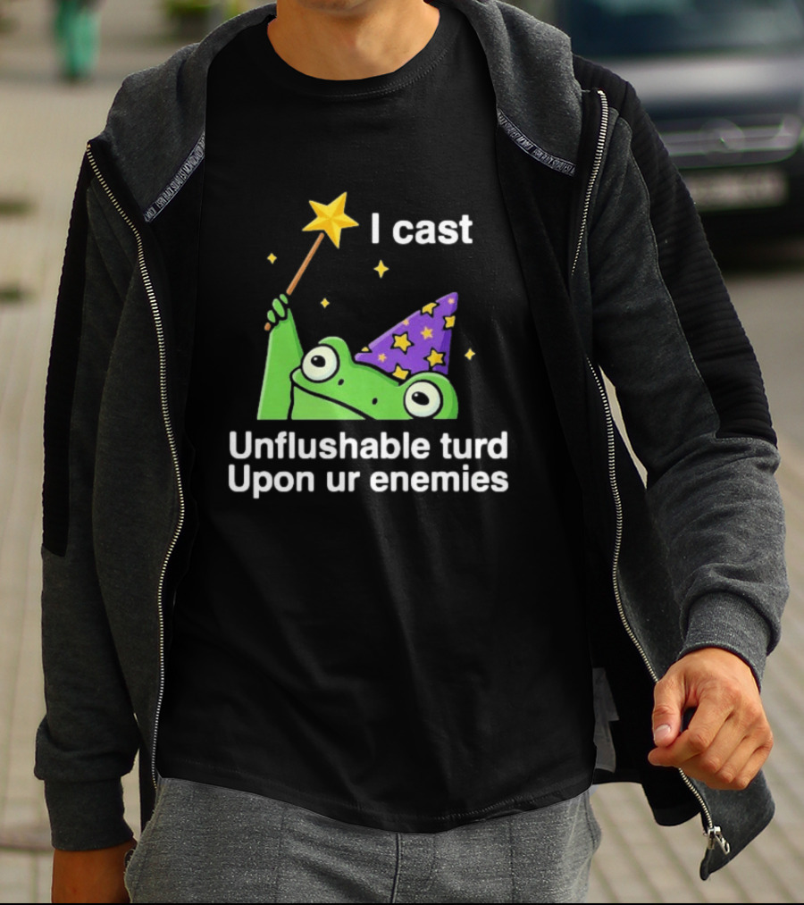I Cast Unflushable Turd Upon Ur Enemies Frog Wizard Wand Stars Purple Hat T-Shirt