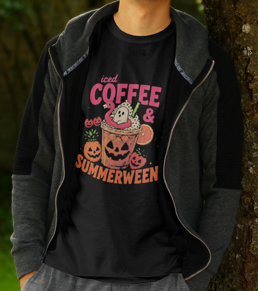 Iced Coffee And Summerween Spooky Tropical Fruit Halloween Jack O' Lantern Drink T-Shirt