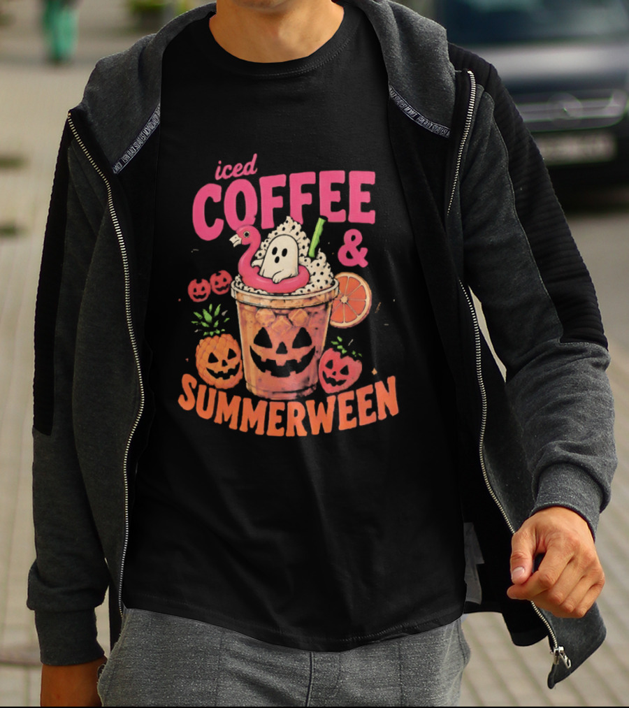 Iced Coffee And Summerween Spooky Tropical Fruit Halloween Jack O' Lantern Drink T-Shirt