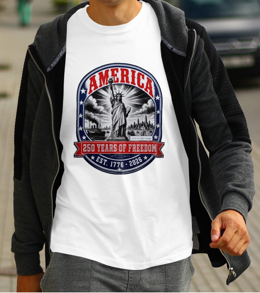 America 250 Years Of Freedom Est 1776 2026 Statue Of Liberty Skyline Steamship Stars T-Shirt