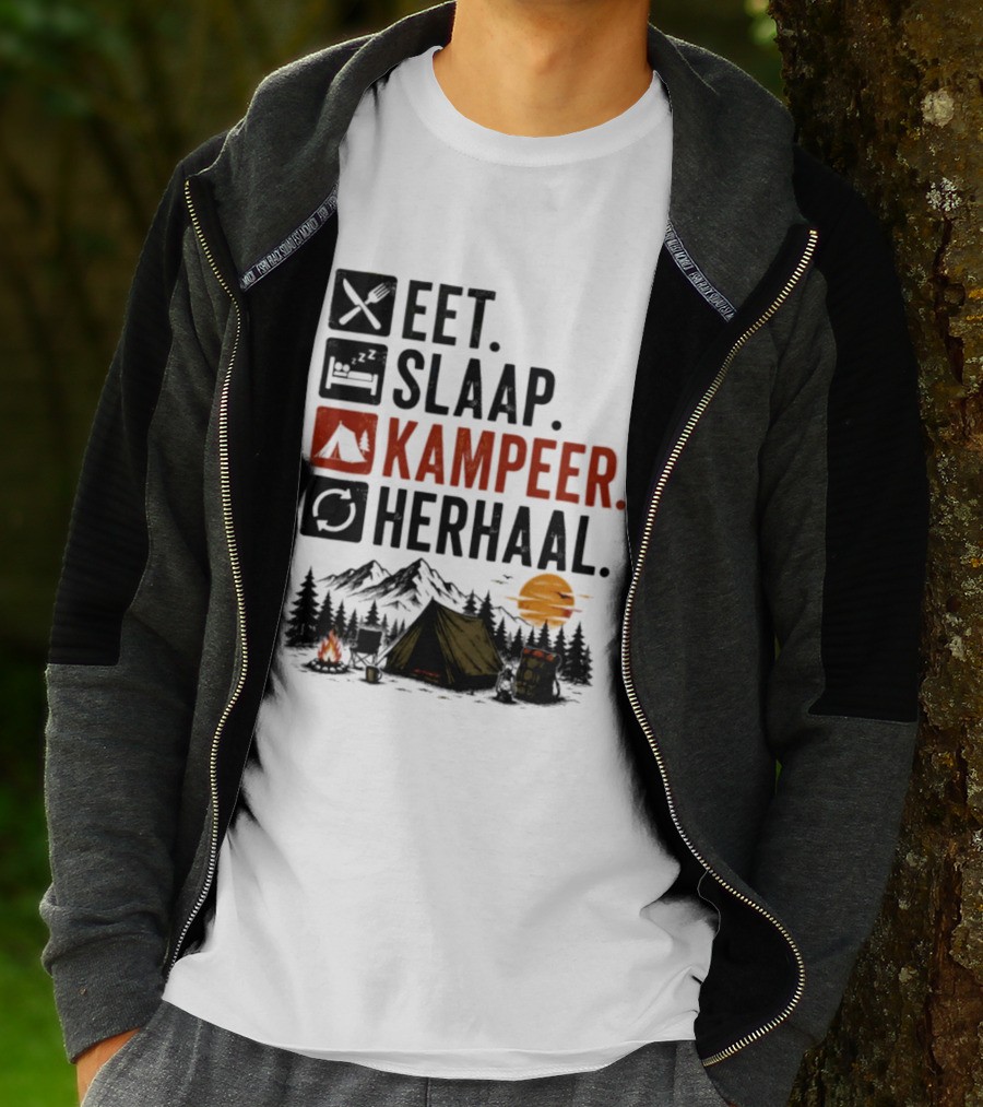 Eet Slaap Kampeer Herhaal Camping Tent Mountains Campfire Sunset T-Shirt