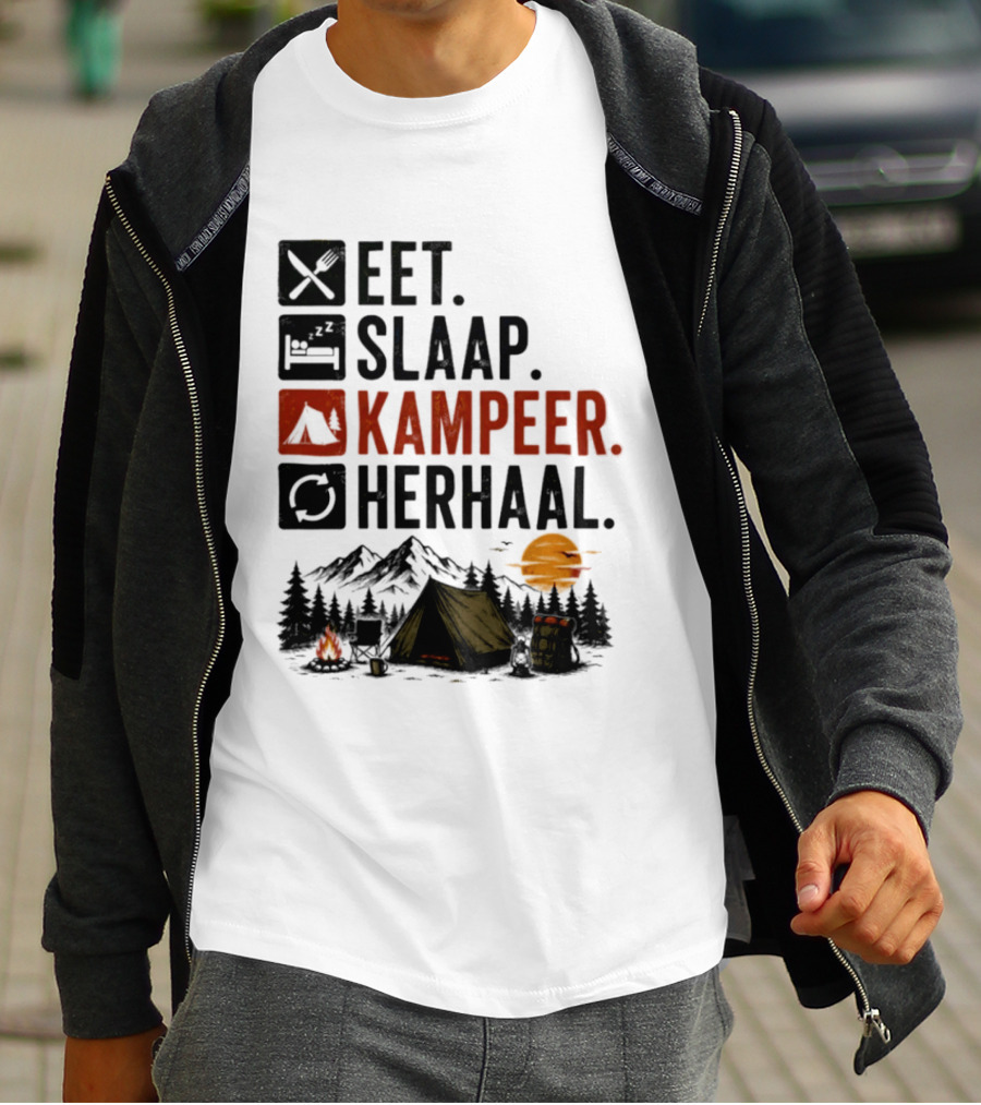 Eet Slaap Kampeer Herhaal Camping Tent Mountains Campfire Sunset T-Shirt