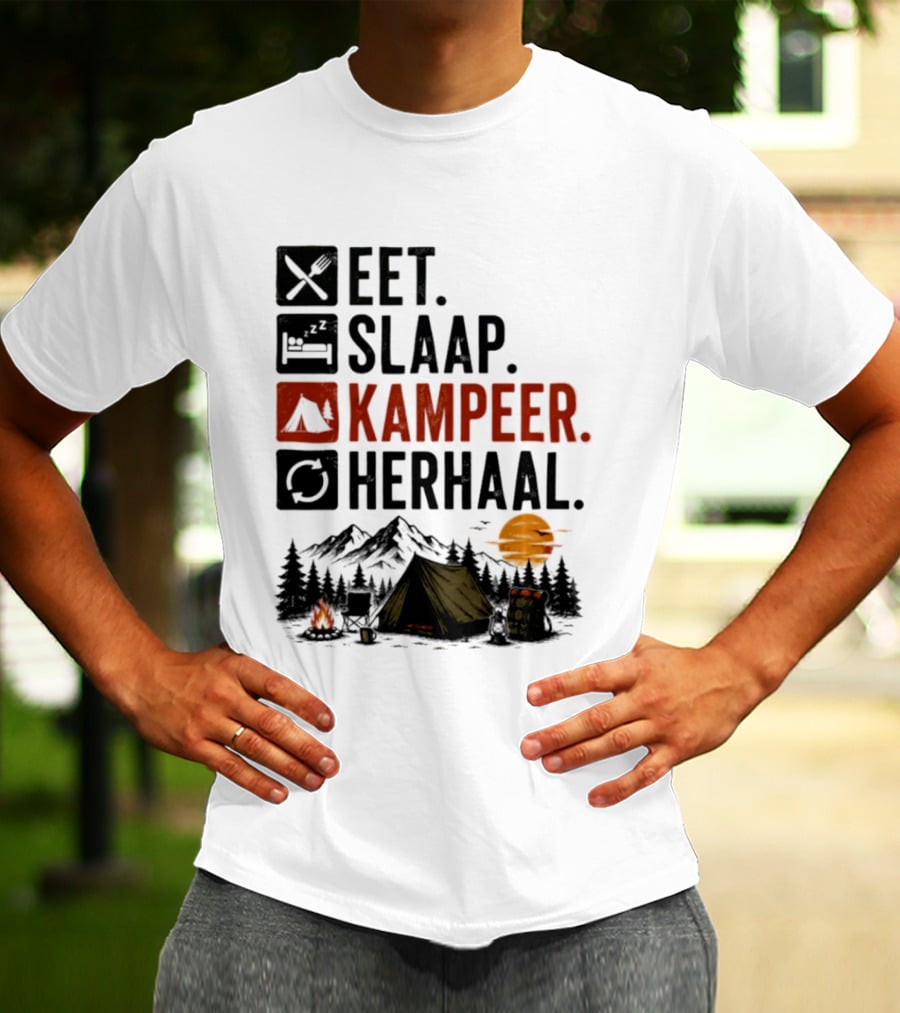 Eet Slaap Kampeer Herhaal Camping Tent Mountains Campfire Sunset T-Shirt