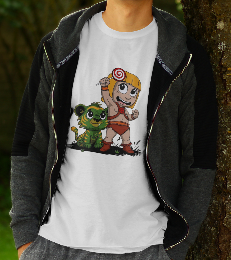 Jungle Kid Holding Lollipop With Playful Tiger Cub T-Shirt