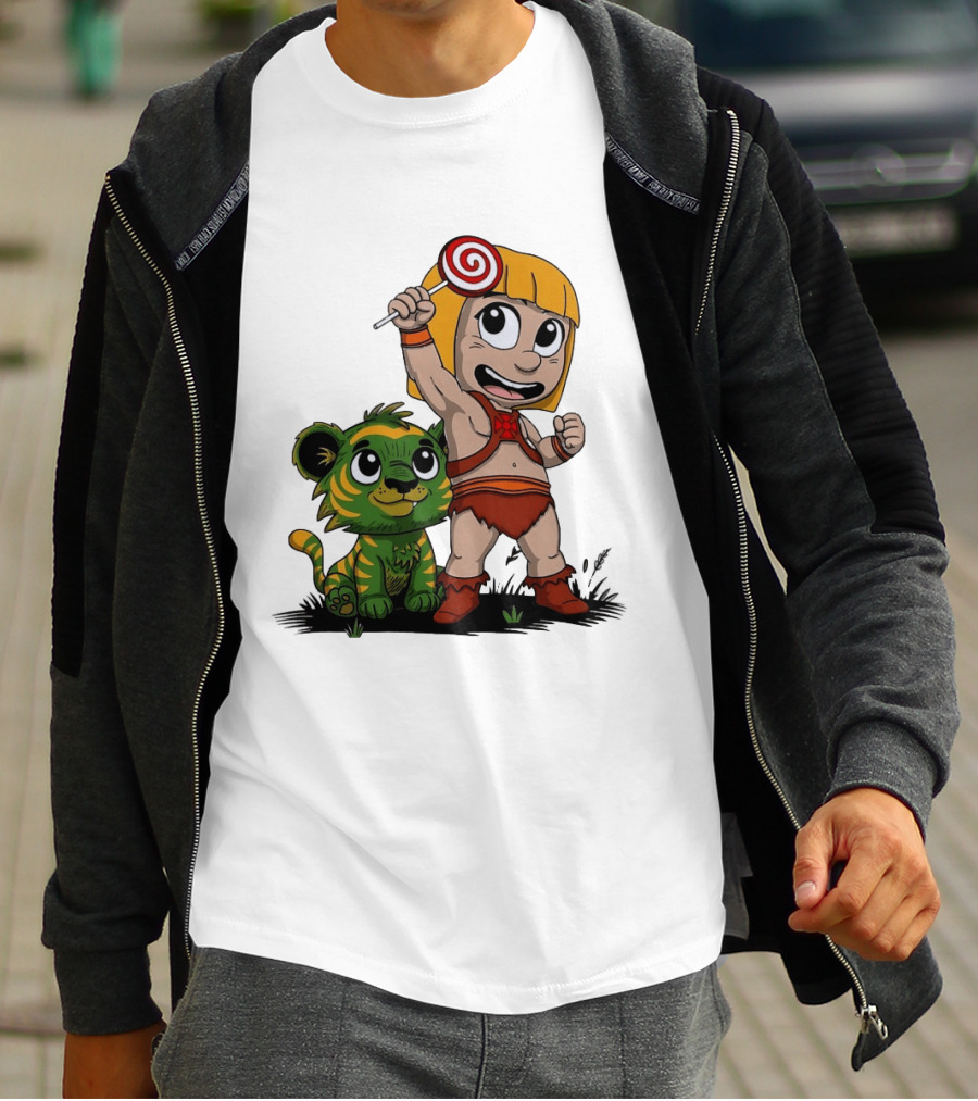 Jungle Kid Holding Lollipop With Playful Tiger Cub T-Shirt