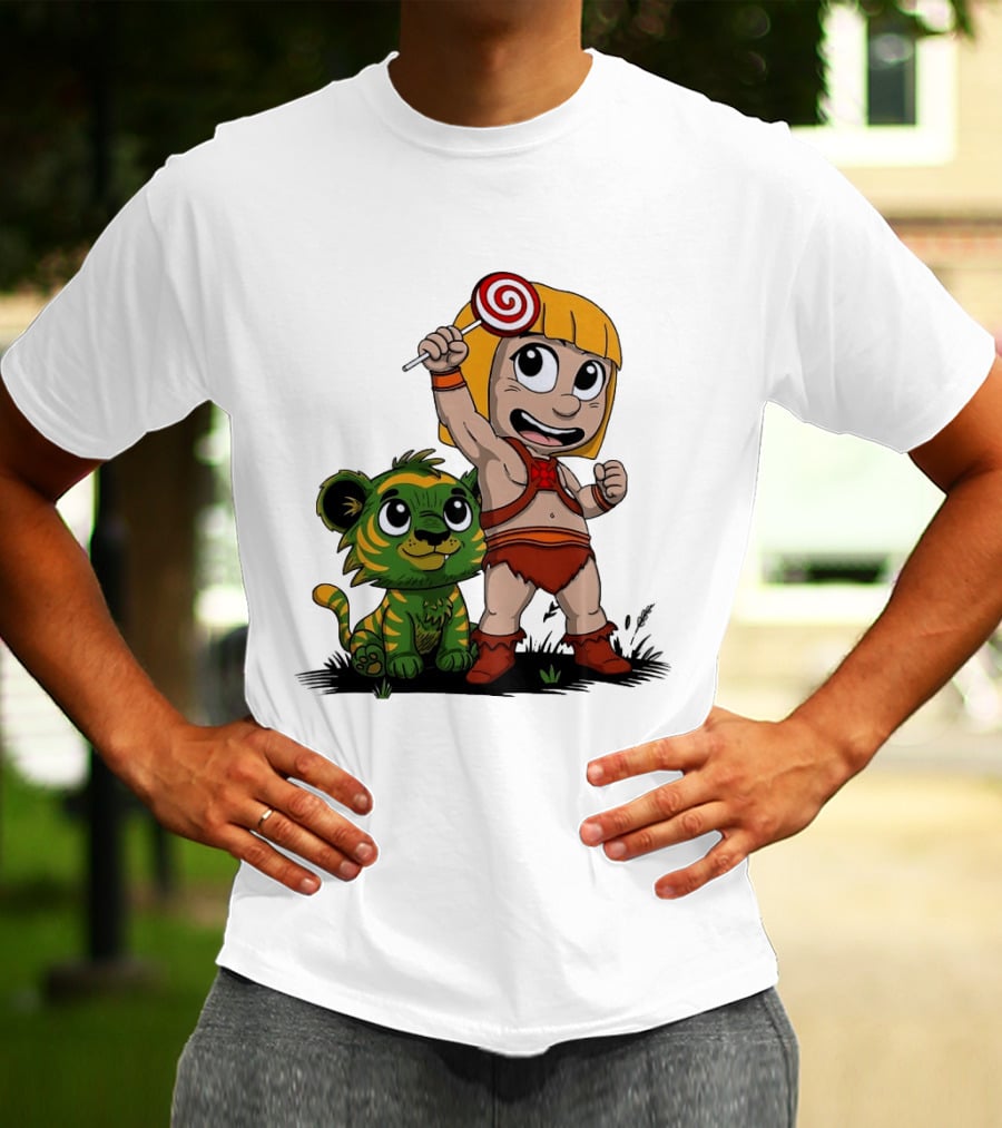 Jungle Kid Holding Lollipop With Playful Tiger Cub T-Shirt