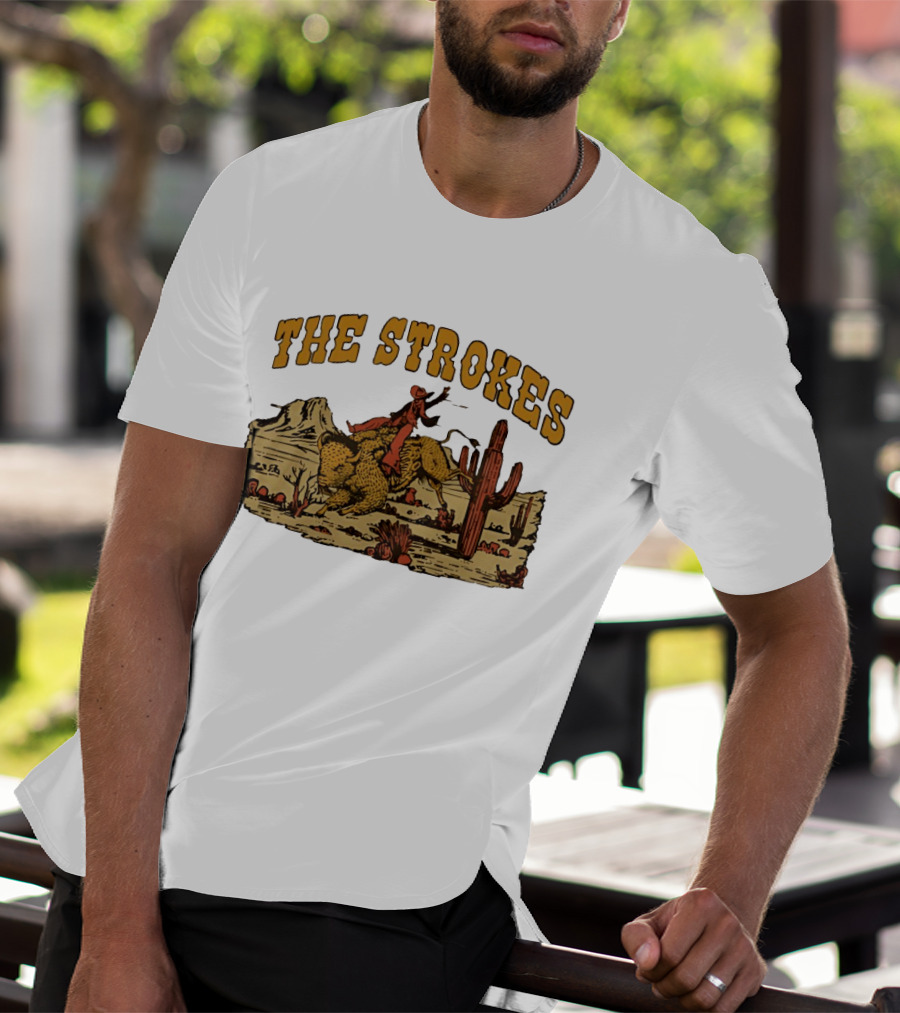 The Strokes Cowboy Riding Cheetah Desert Scene Classic Western T-Shirt