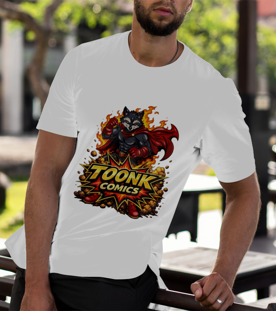 Toonk Comics Superhero Raccoon With Fiery Cape T-Shirt