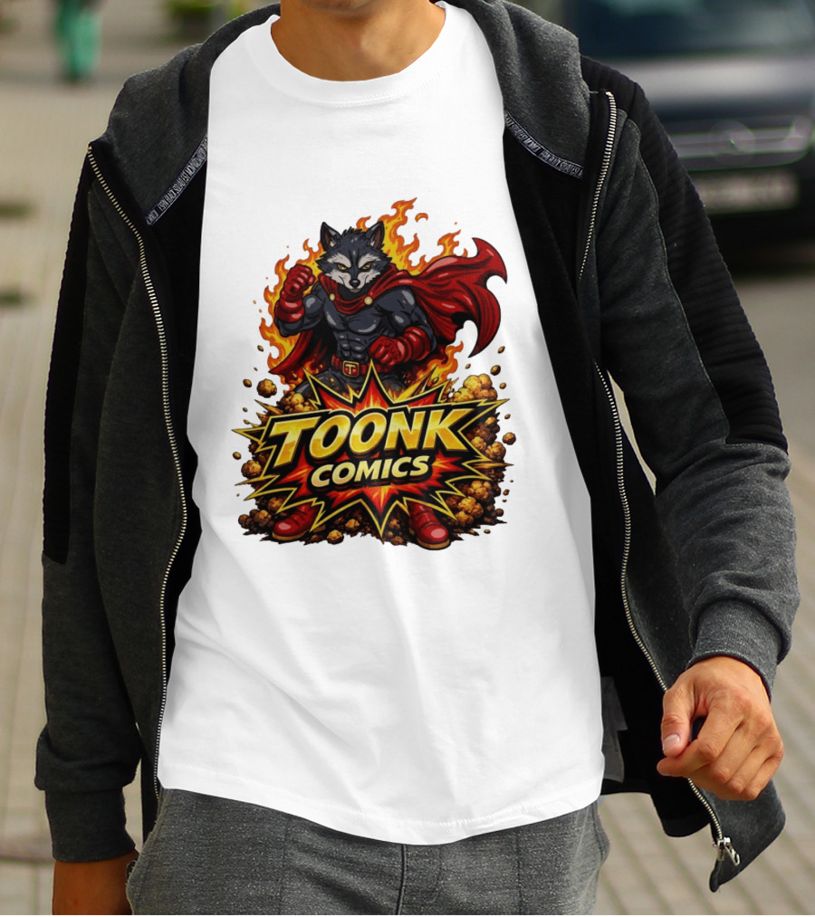 Toonk Comics Superhero Raccoon With Fiery Cape T-Shirt