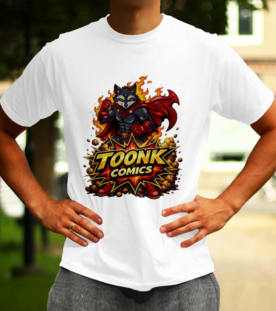 Toonk Comics Superhero Raccoon With Fiery Cape T-Shirt