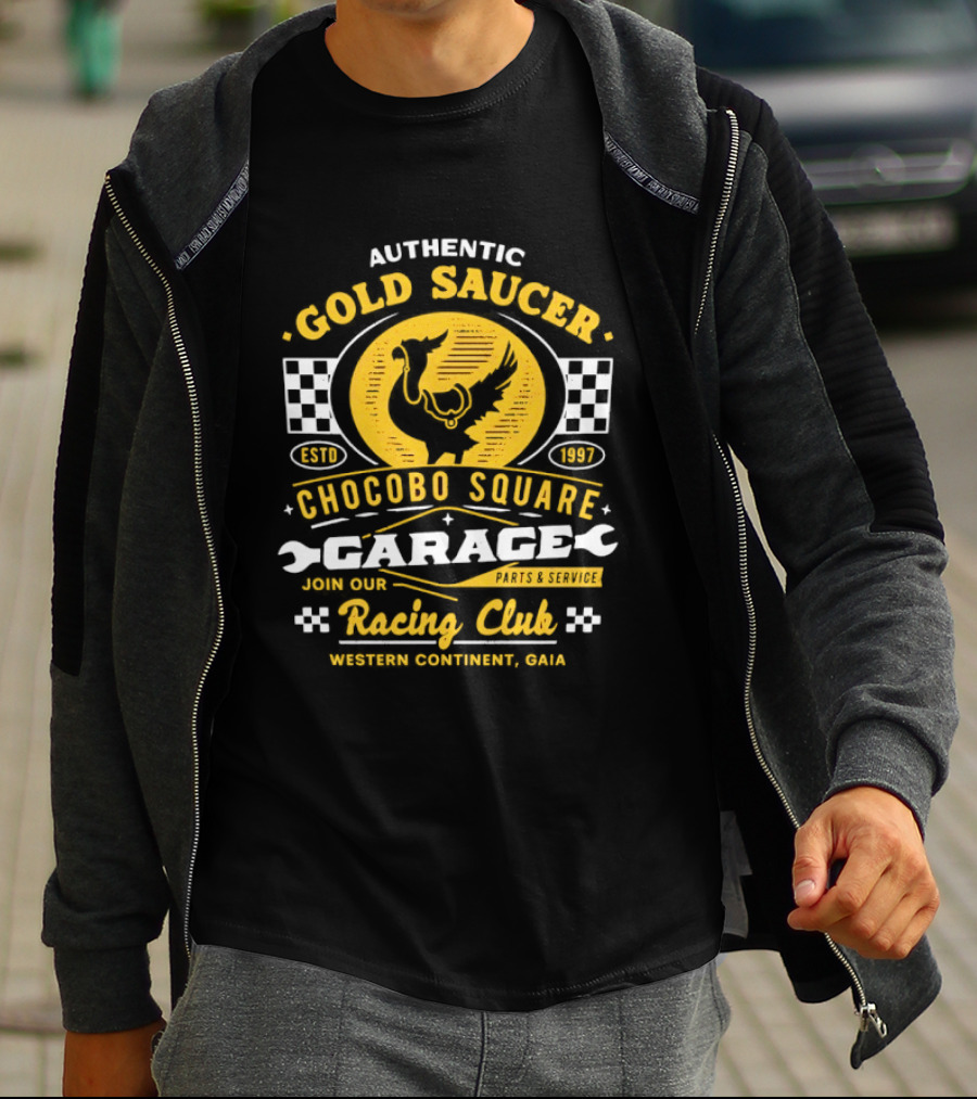 Authentic Gold Saucer Chocobo Square Garage Parts Service Racing Club Western Continent QUA T-Shirt