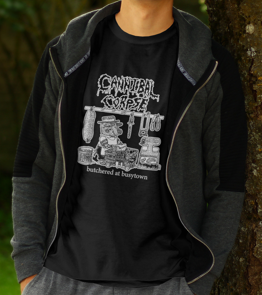 Cannibal Corpse Butchered At Busytown Graphic With Cartoon Butcher Scene T-Shirt