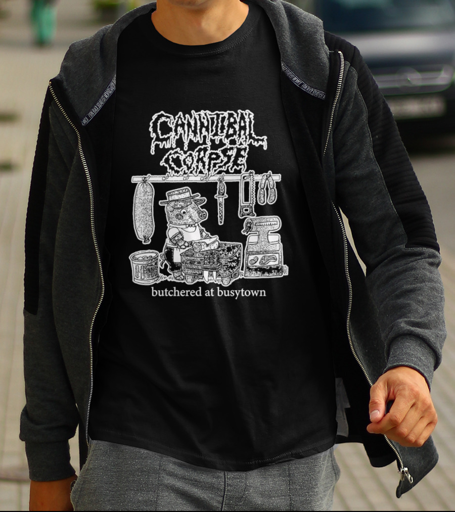 Cannibal Corpse Butchered At Busytown Graphic With Cartoon Butcher Scene T-Shirt