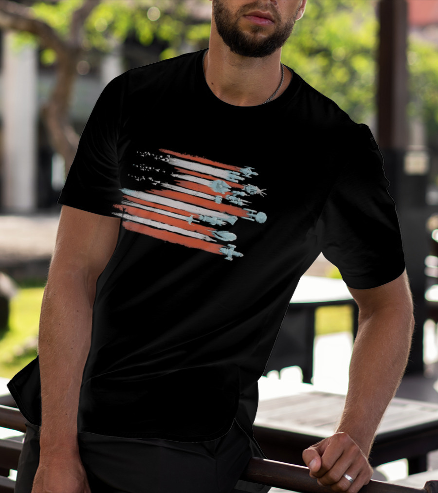 American Flag With Spacecraft Sci Fi T-Shirt