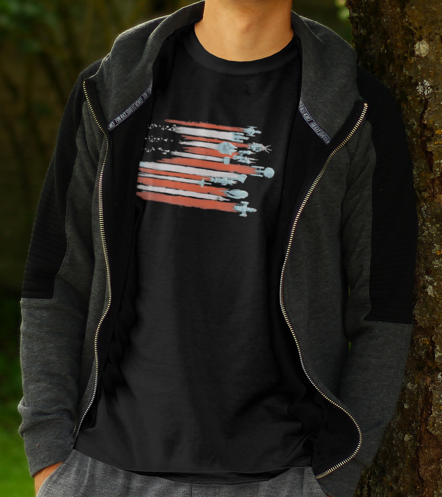 American Flag With Spacecraft Sci Fi T-Shirt