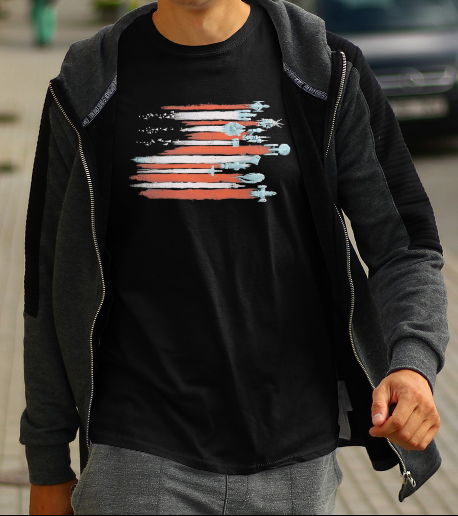 American Flag With Spacecraft Sci Fi T-Shirt