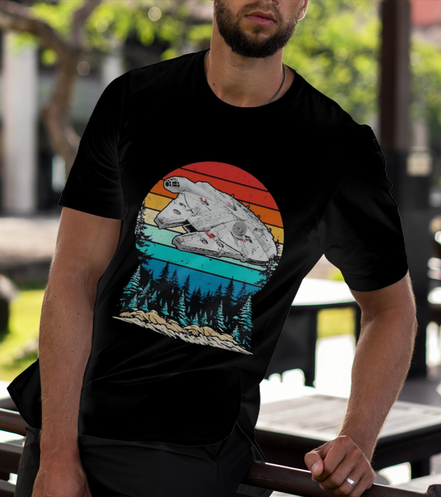 Millennium Falcon Endor Sunset Forest Scene T-Shirt