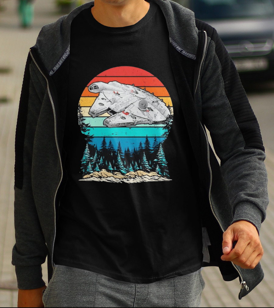 Millennium Falcon Endor Sunset Forest Scene T-Shirt