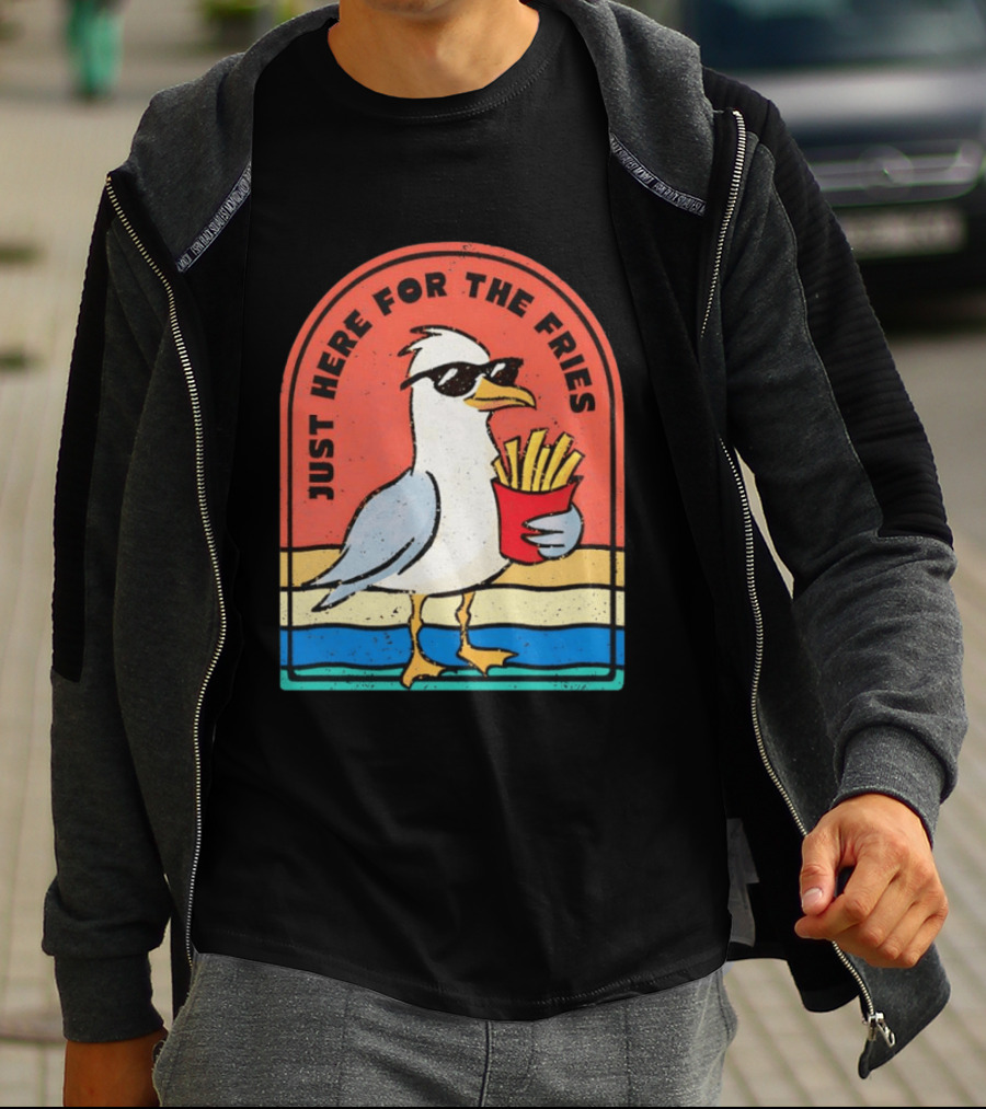 Just Here For The Fries Seagull With Sunglasses And French Fries T-Shirt