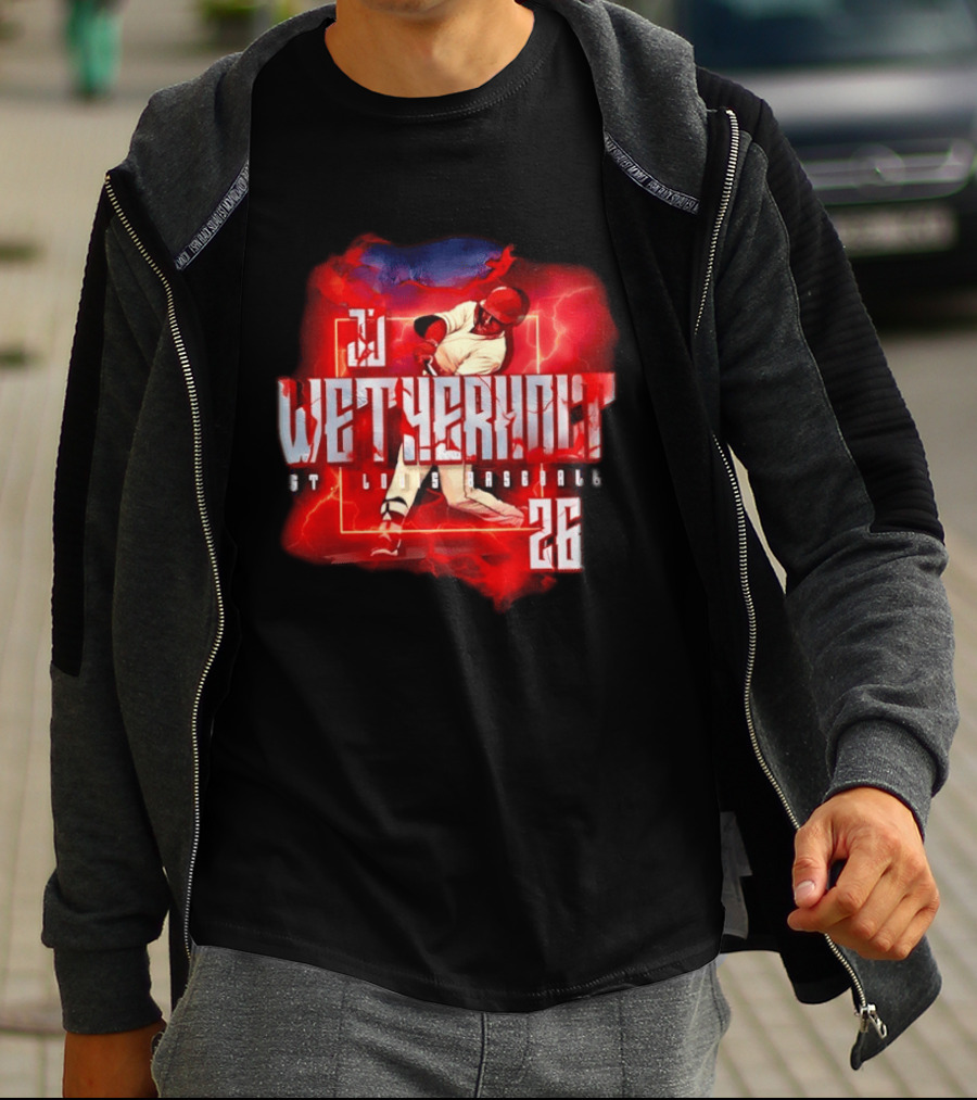 JJ Wetherholt 26 St. Louis Baseball Slugger Swing Lightning T-Shirt