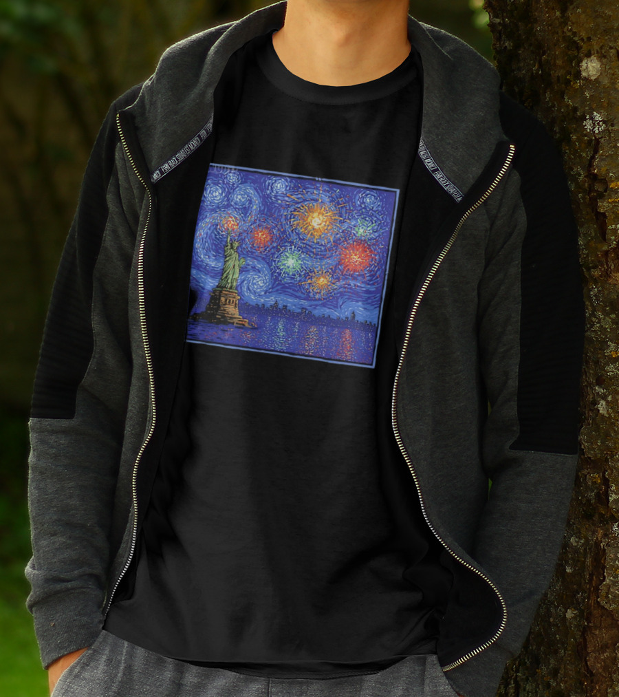 Fireworks Over Statue Of Liberty In Van Gogh Starry Night T-Shirt
