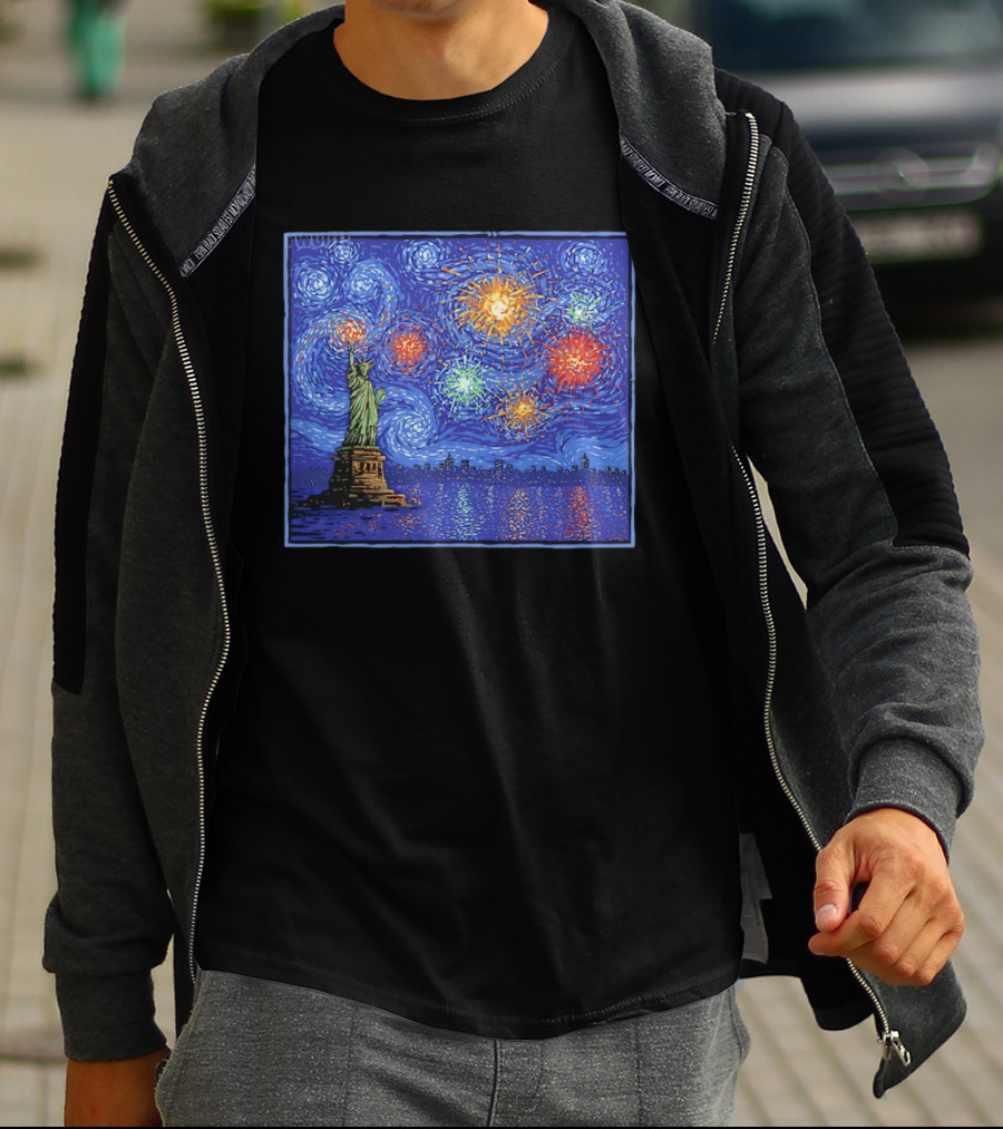 Fireworks Over Statue Of Liberty In Van Gogh Starry Night T-Shirt