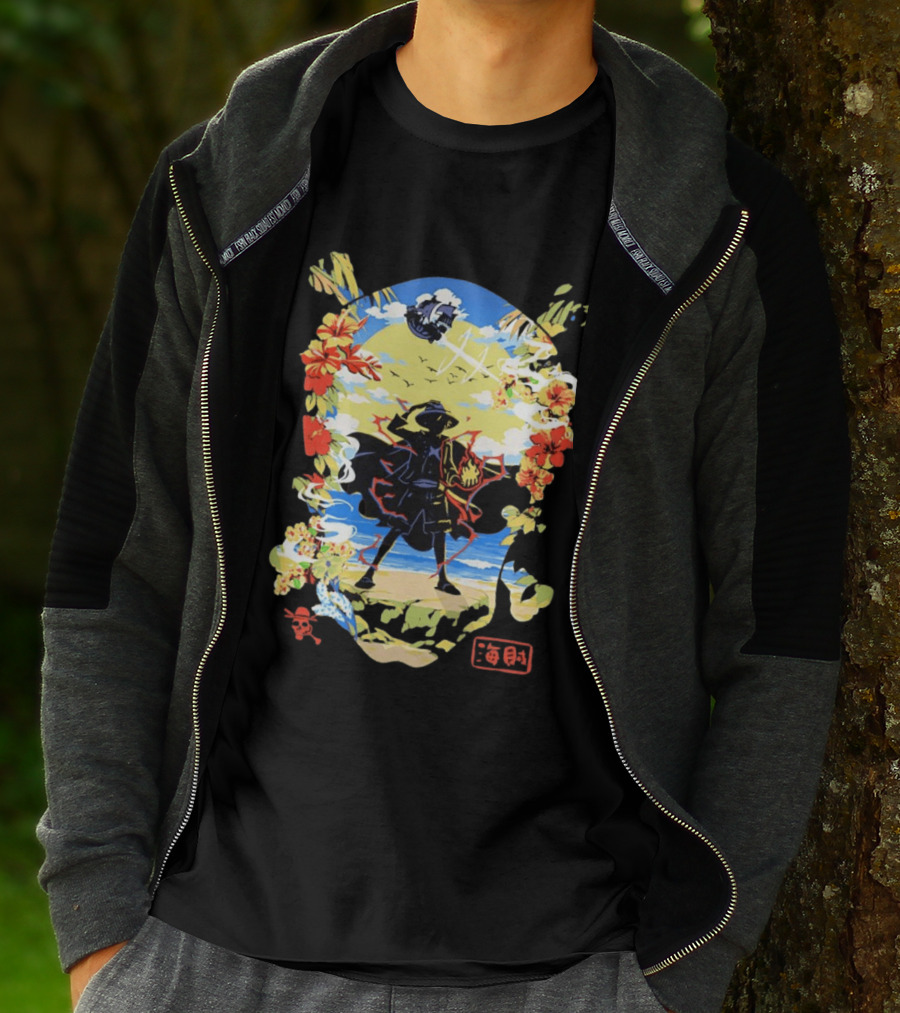 Monkey D Luffy One Piece Hat Pirate Beach Scene Floral Surrounding T-Shirt