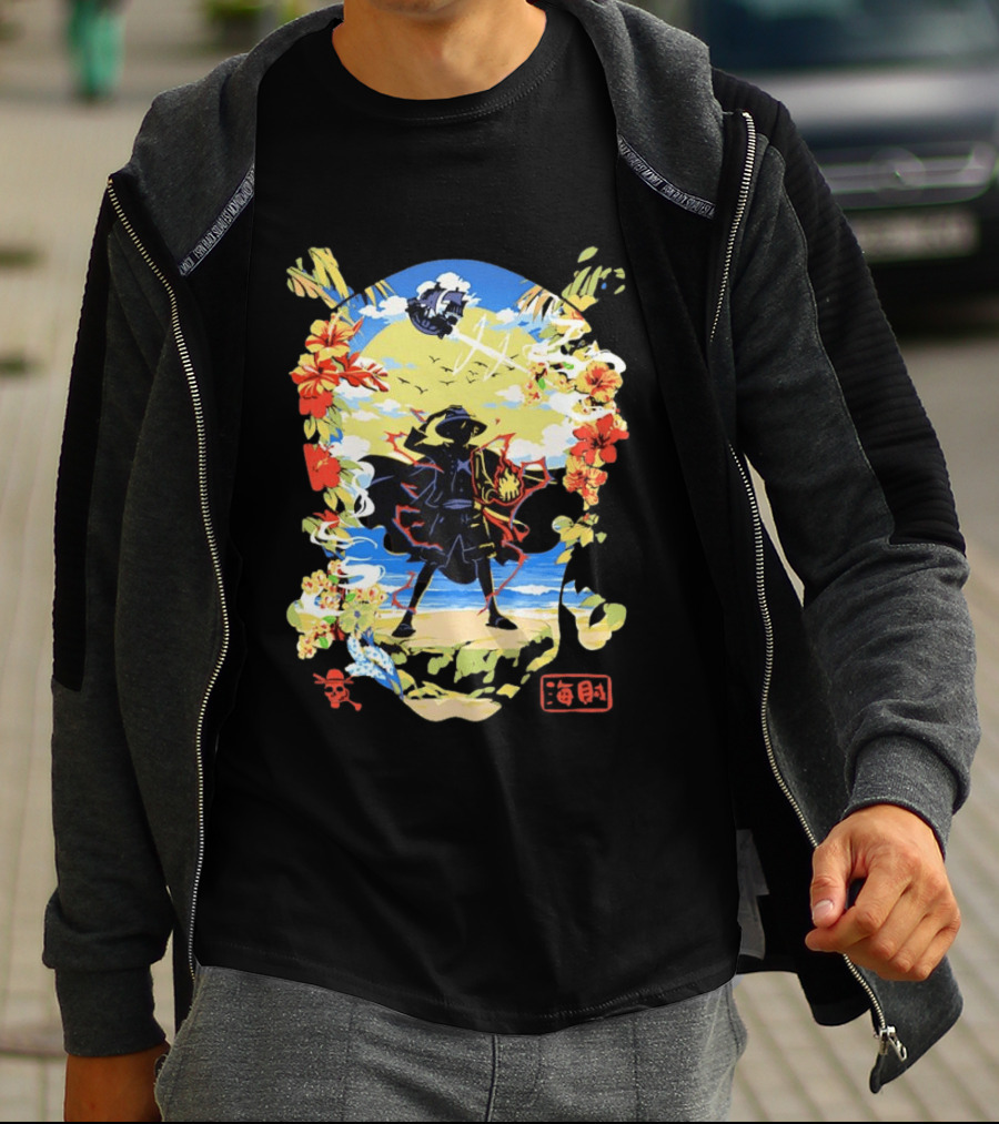 Monkey D Luffy One Piece Hat Pirate Beach Scene Floral Surrounding T-Shirt