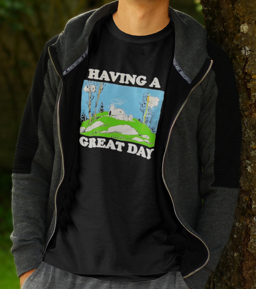 Snoopy Having A Great Day Relaxing On The Green Hill With Blue Sky And Clouds T-Shirt