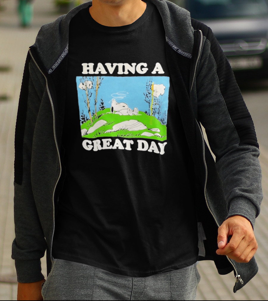 Snoopy Having A Great Day Relaxing On The Green Hill With Blue Sky And Clouds T-Shirt