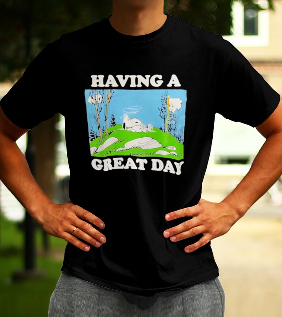 Snoopy Having A Great Day Relaxing On The Green Hill With Blue Sky And Clouds T-Shirt