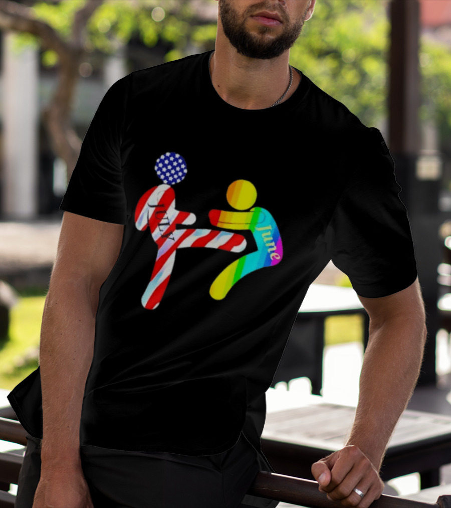 July Independence Kick With June Pride Month Rainbow Flag USA Stars And Stripes T-Shirt