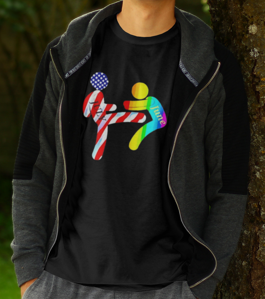 July Independence Kick With June Pride Month Rainbow Flag USA Stars And Stripes T-Shirt
