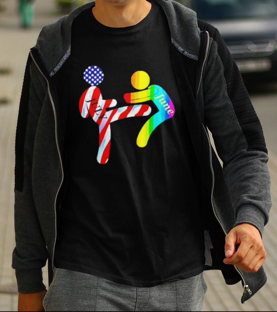 July Independence Kick With June Pride Month Rainbow Flag USA Stars And Stripes T-Shirt