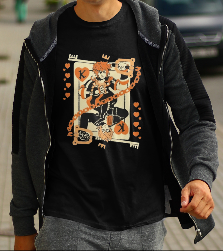 King Of Hearts K Chain Crown Keyblade Orange And Black Playing Card T-Shirt