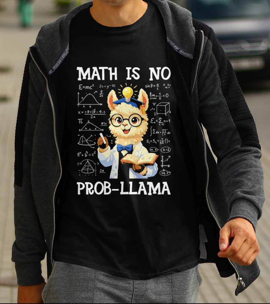 Math Is No Prob Llama Scientist With Test Tube And Equations T-Shirt