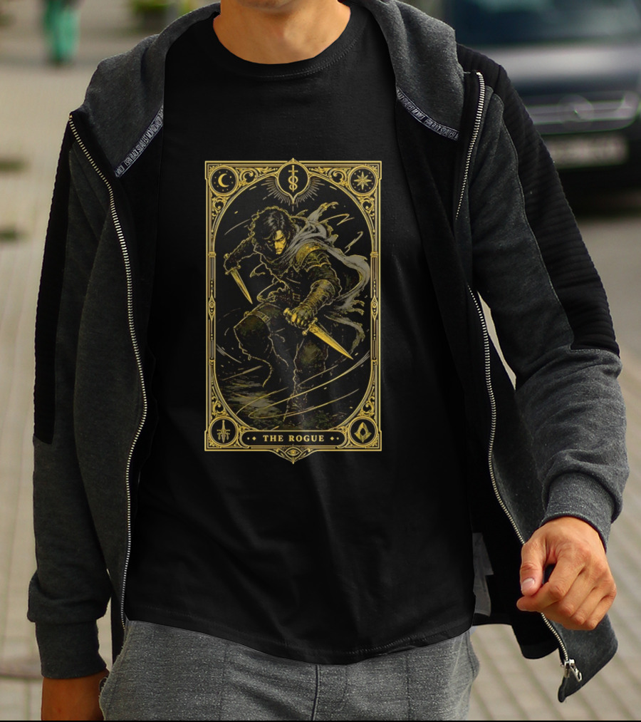 The Rogue Fantasy Tarot Card Dungeons And Dragons Moon Daggers Cloak T-Shirt