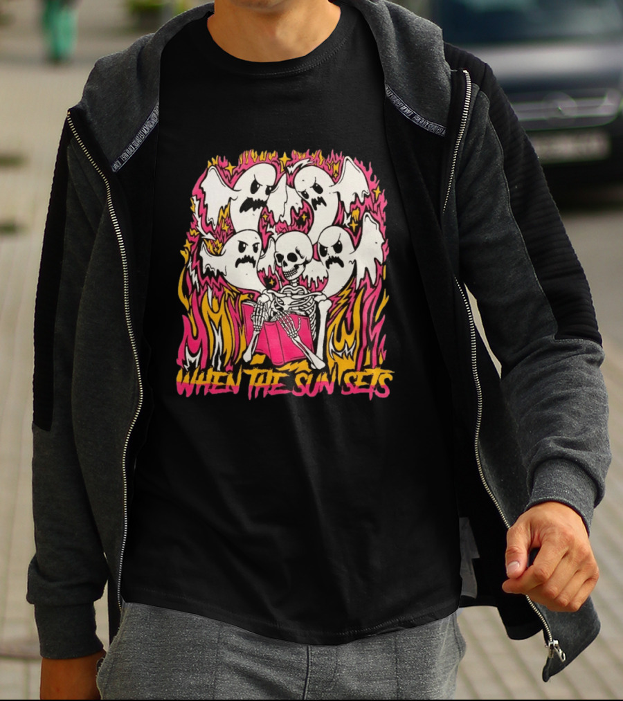 When The Sun Sets Ghost And Skeleton Illustration With Vibrant Pink And Yellow Flames T-Shirt