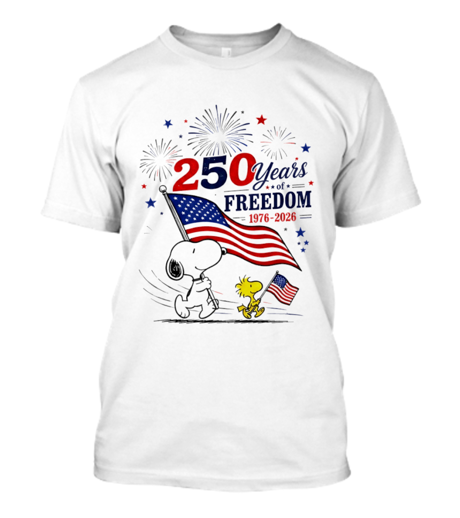 Snoopy Woodstock 250 Years Of Freedom 1776 2026 American Flag Fireworks Independence T-Shirt