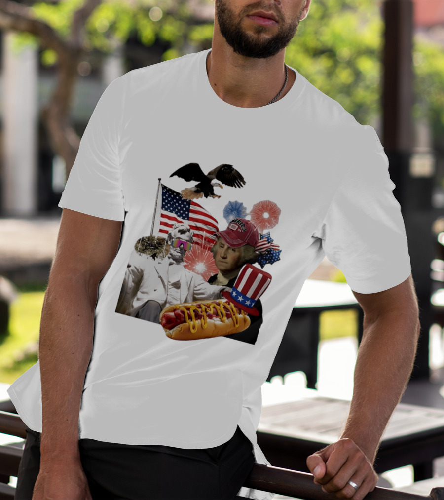 Merica Abraham Lincoln George Washington Hot Dog Eagle Fireworks Patriotic Celebration T-Shirt